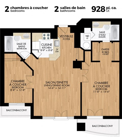 A floor plan of an apartment with two bedrooms, two bathrooms, and a living area.
